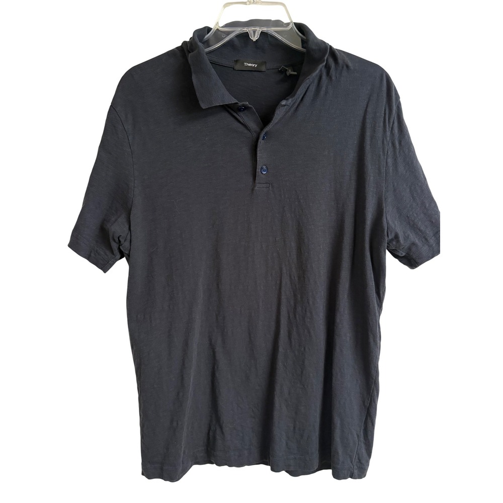 Theory Mens Bron D Cosmos Black Slub Cotton Short Sleeve Polo Shirt M Preppy